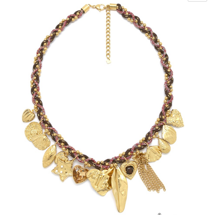 Collier Charlie cordon chaine boule tressé pampilles étoile coeur