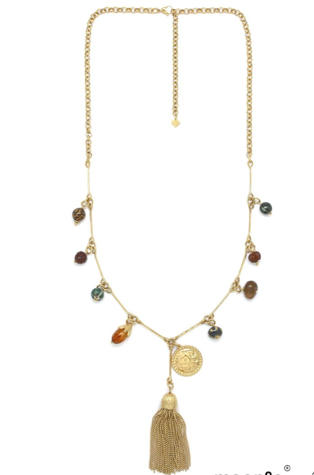 Sautoir Ambre chaine barre pampilles boules pompon doré