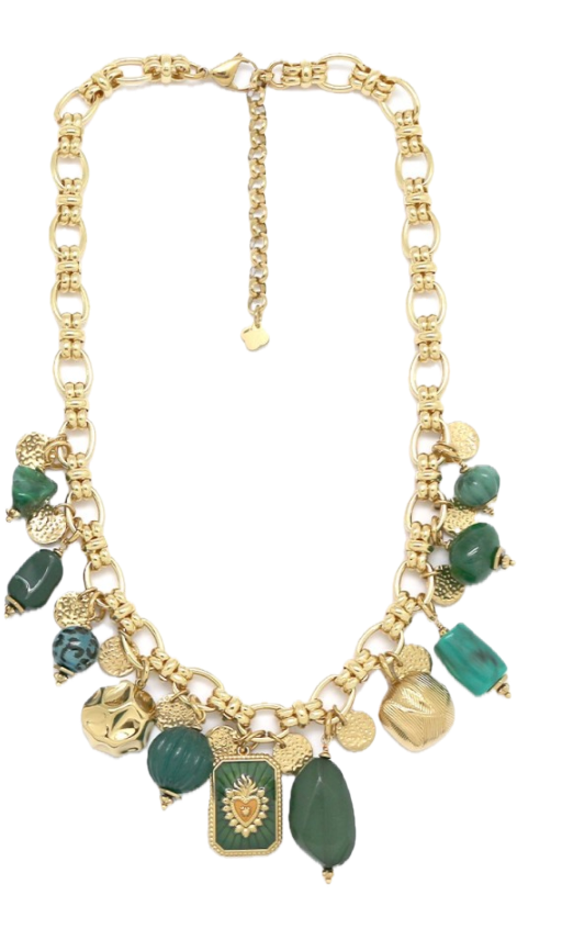 Collier Amalia gros maillon ovale alterné pampilles plaque coeur noir/vert