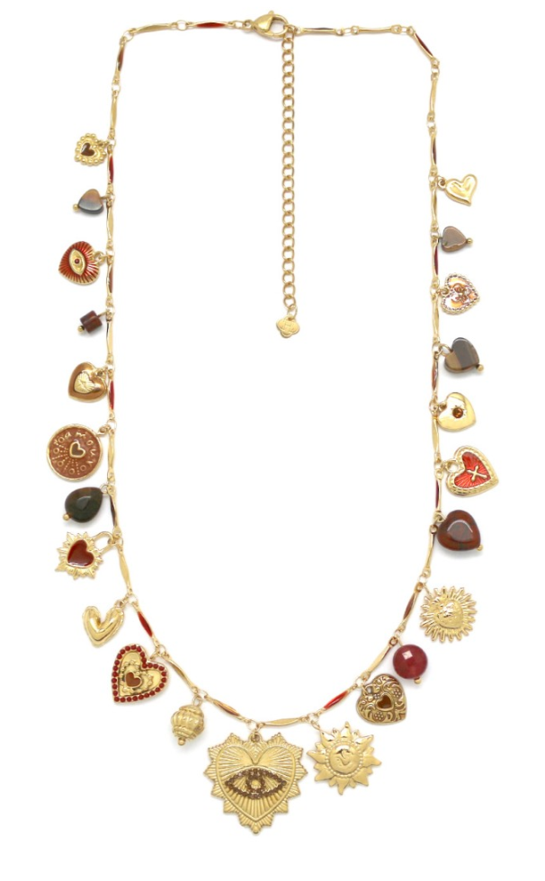 Collier LOUNA chaine barre multicolore pampilles coeur oeil strass bordeaux
