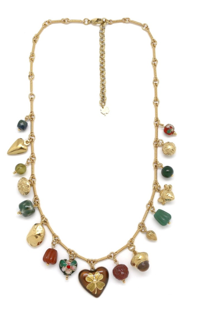 Collier LARA barre ressort pampilles coeur trèfle marron