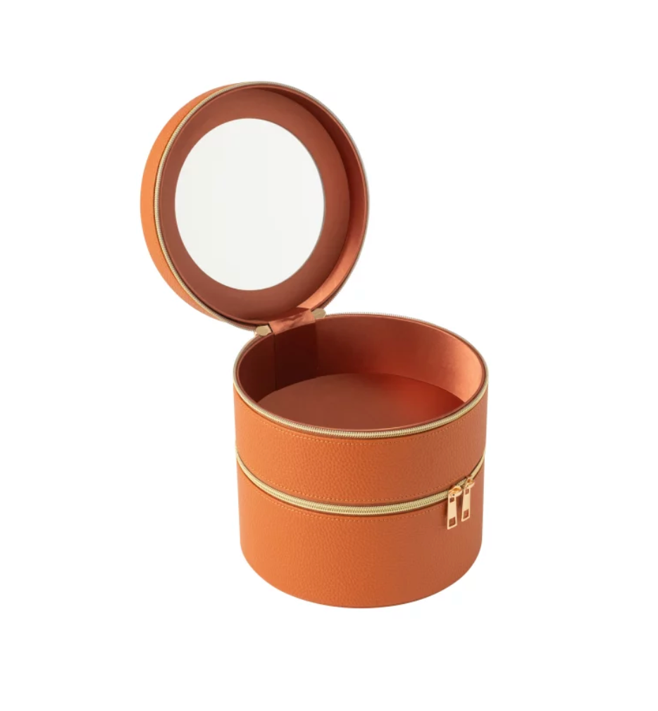 Boite Pour Cosmétiques Rond+Miroir SimiliCuir Cognac