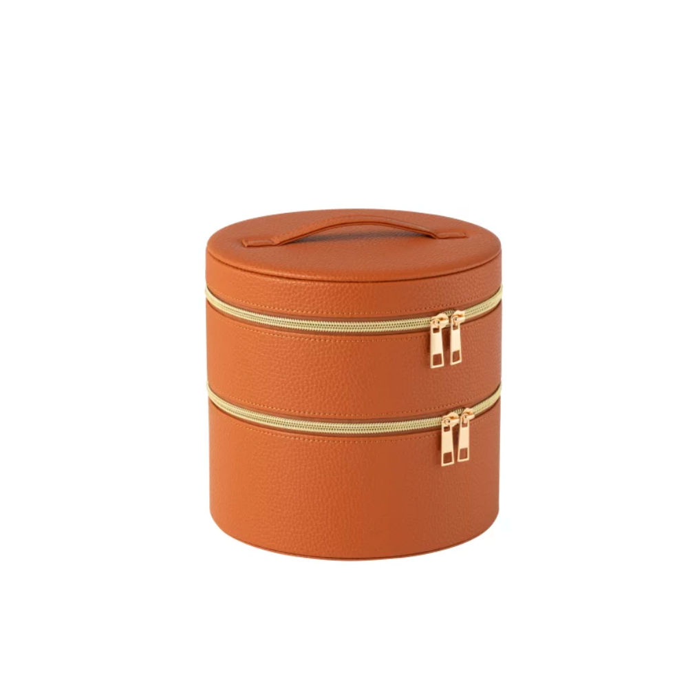 Boite Pour Cosmétiques Rond+Miroir SimiliCuir Cognac