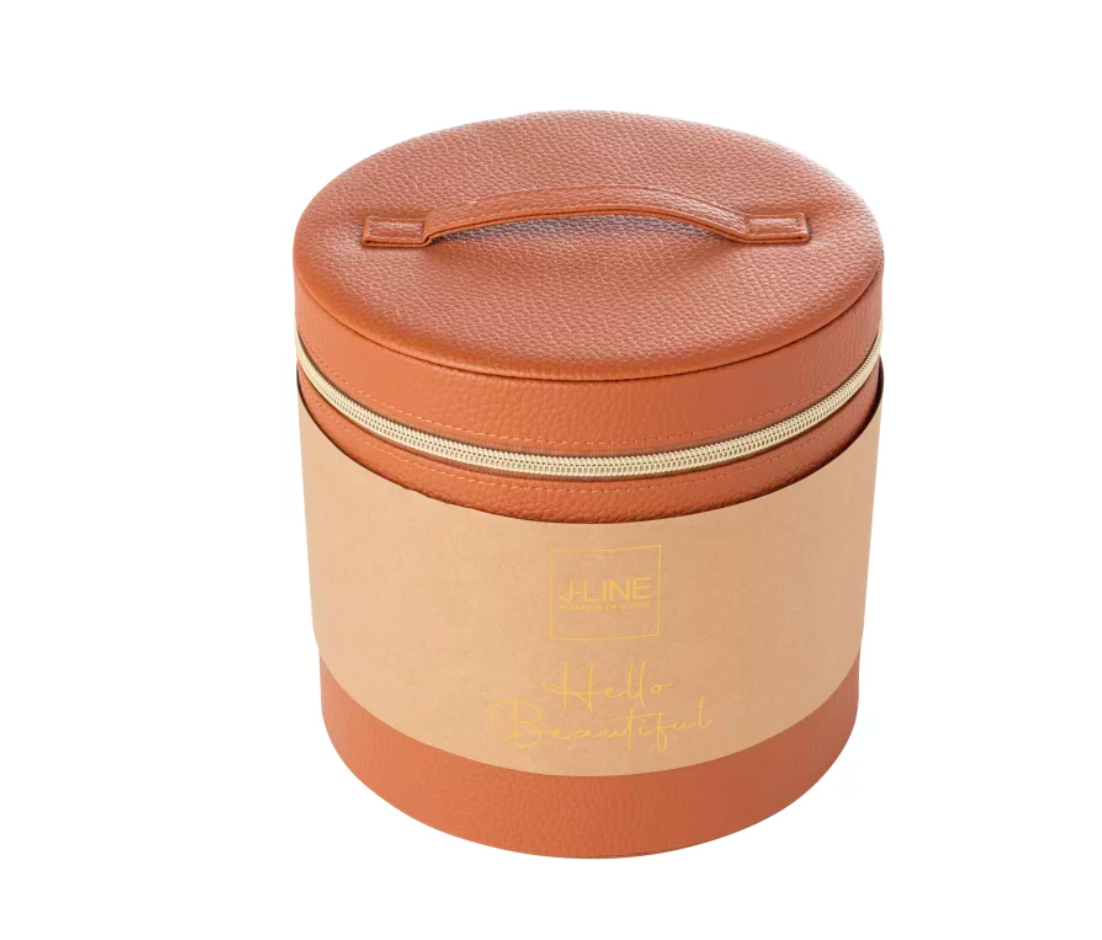 Boite Pour Cosmétiques Rond+Miroir SimiliCuir Cognac