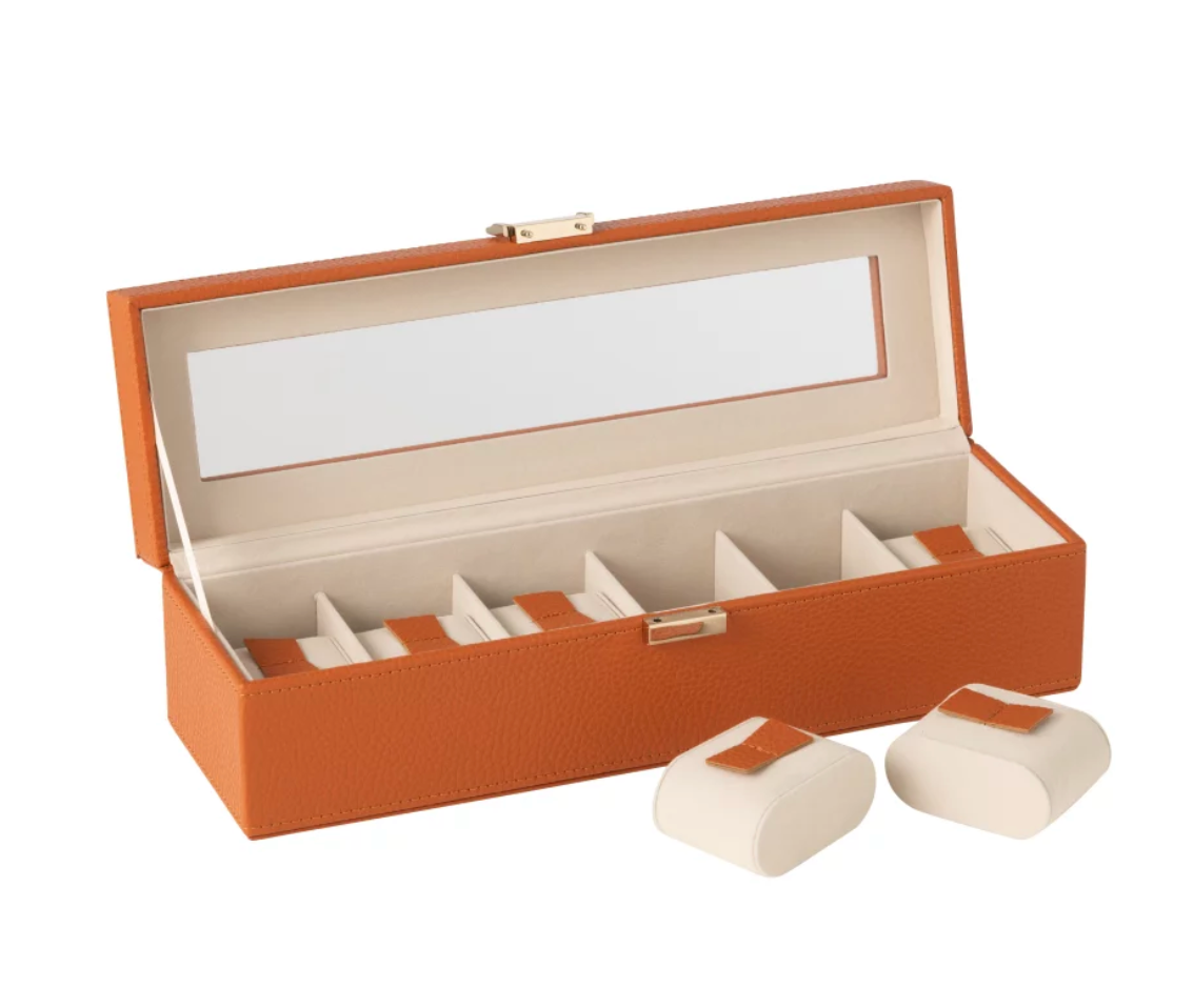 Coffret à montres 6 compartiments – Simili cuir cognac