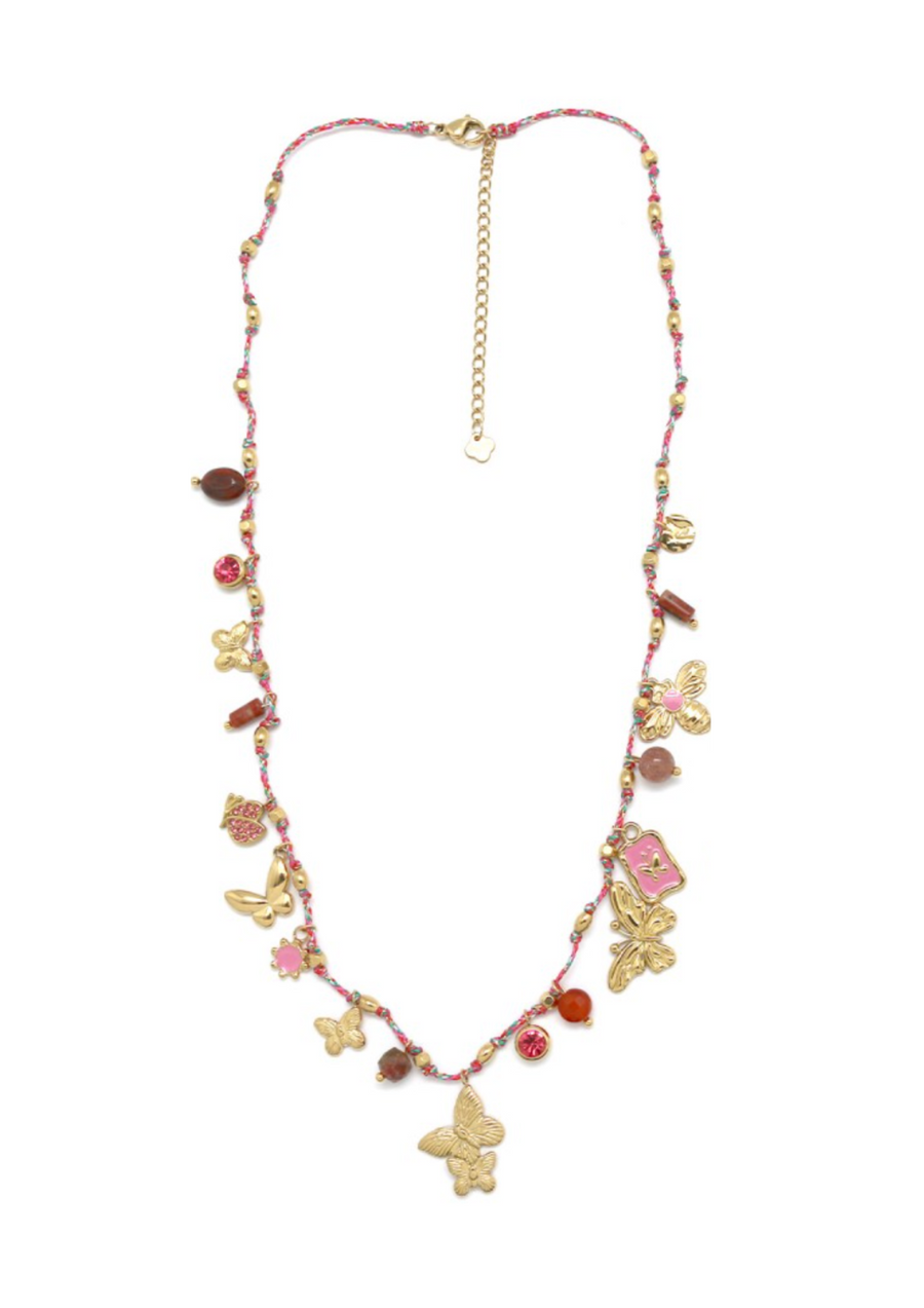 COLLIER FIL PAMPILLES DOUBLE PAPILLONS rose