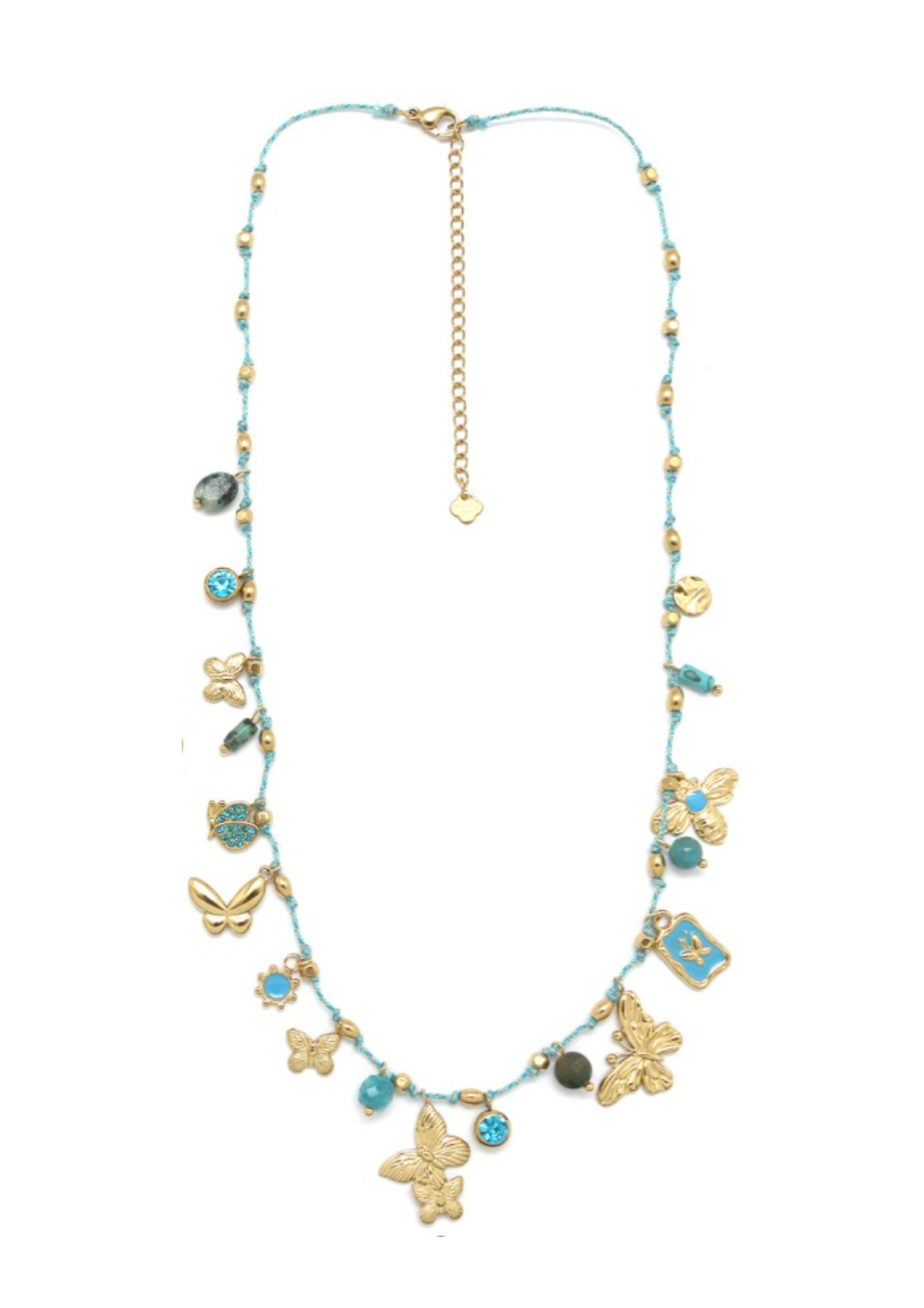 COLLIER FIL PAMPILLES DOUBLE PAPILLONS BLEU