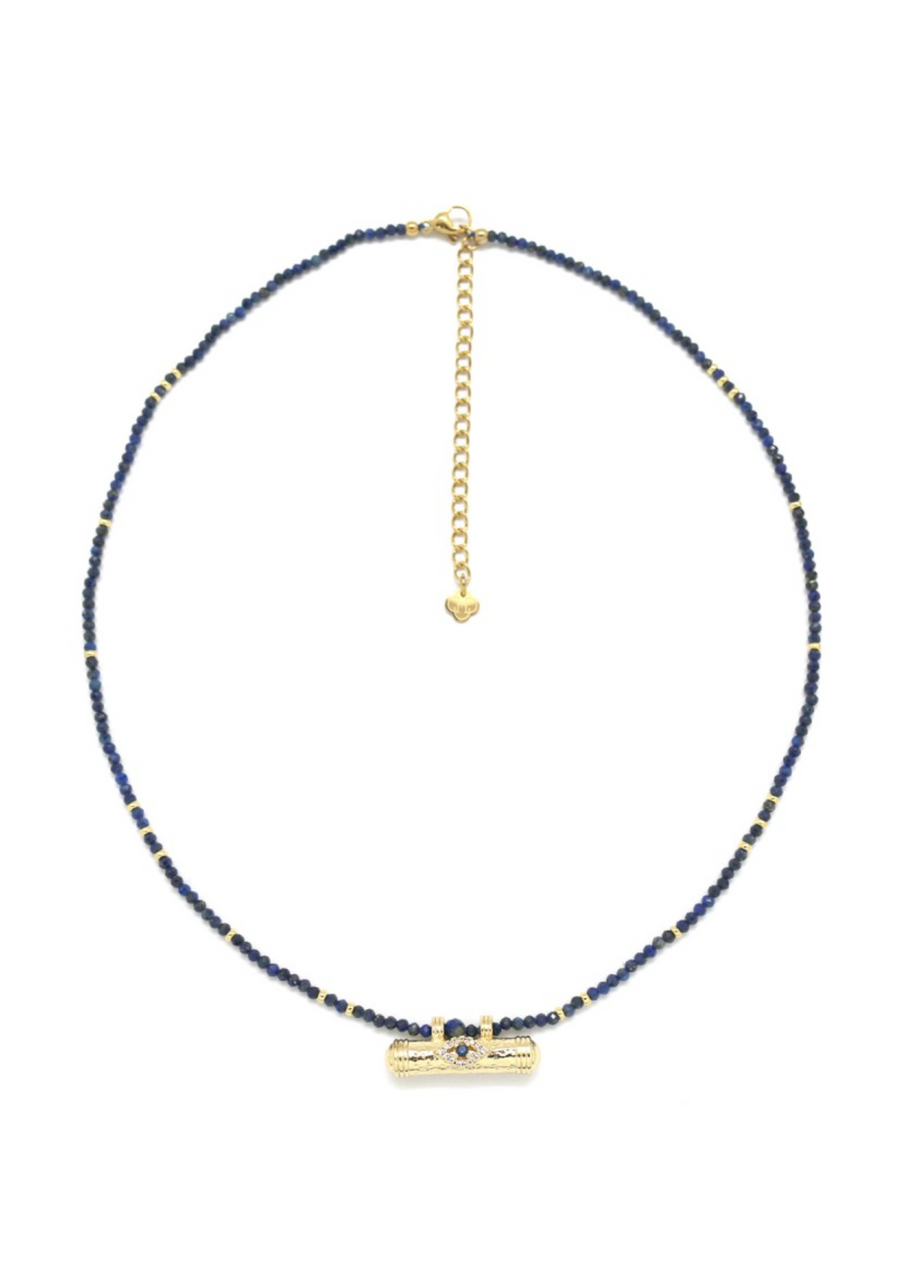 Collier perlé pierres tube oeil strass lapis lazuli