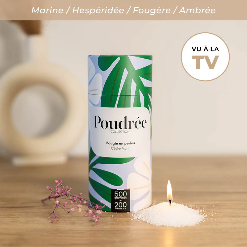 Poudrée : Bougie en perles de cire parfumées - FLORA - Cèdre Marin