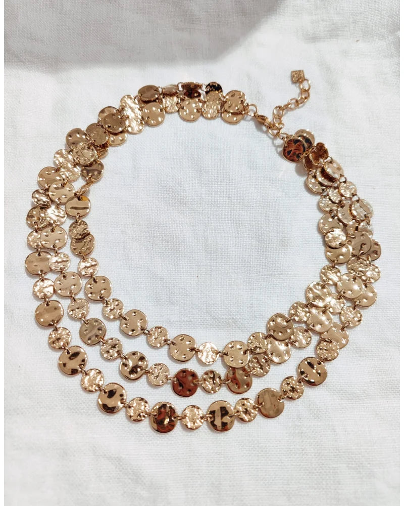 Collier multi-rang pastille martelees doré