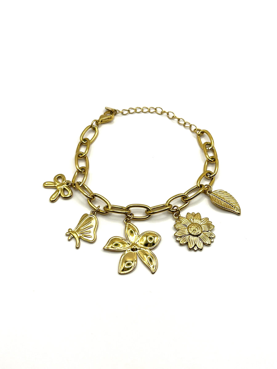 Bracelet grosse maille fleur papillon