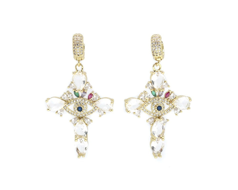 Mini Créoles strass blanc croix verre transparent oeil strass