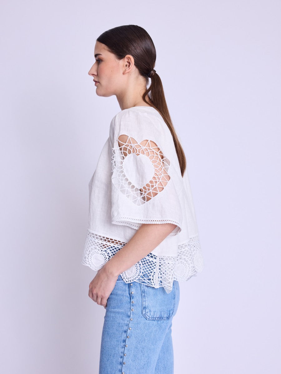 BERENICE - Top blanc en lin avec broderie coeur