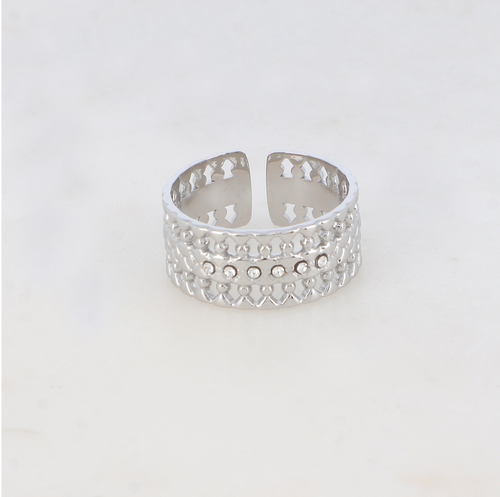 Bague en forme graphique et géométrique avec 6 strass noirs