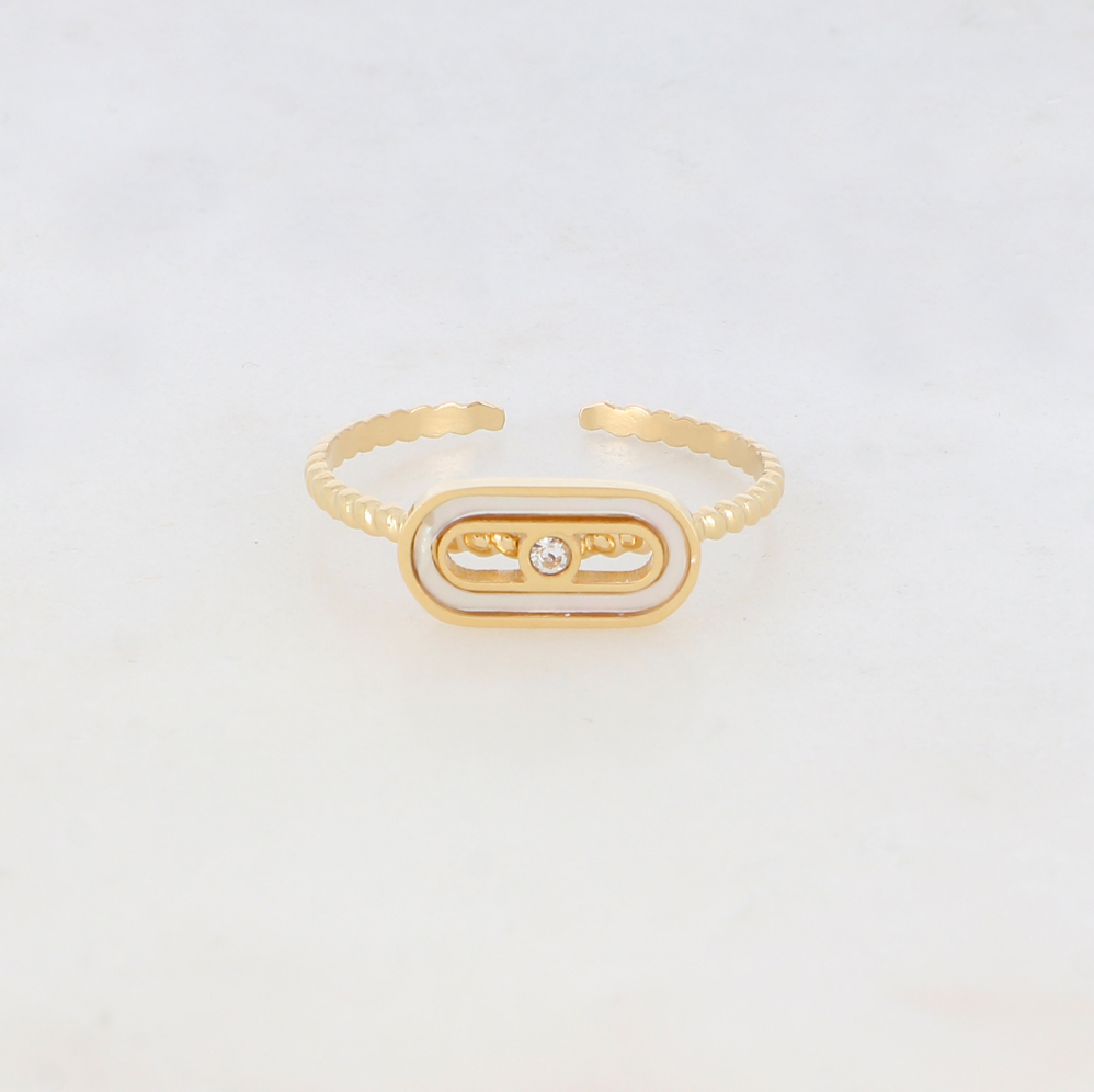 BAGUE FINE AJUSTABLE AVEC PIÈCE GÉOMÉTRIQUE, FOND NACRÉ ET STRASS