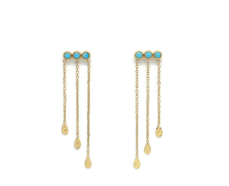 Boucles d'oreilles 3 strass turquoise chaine long