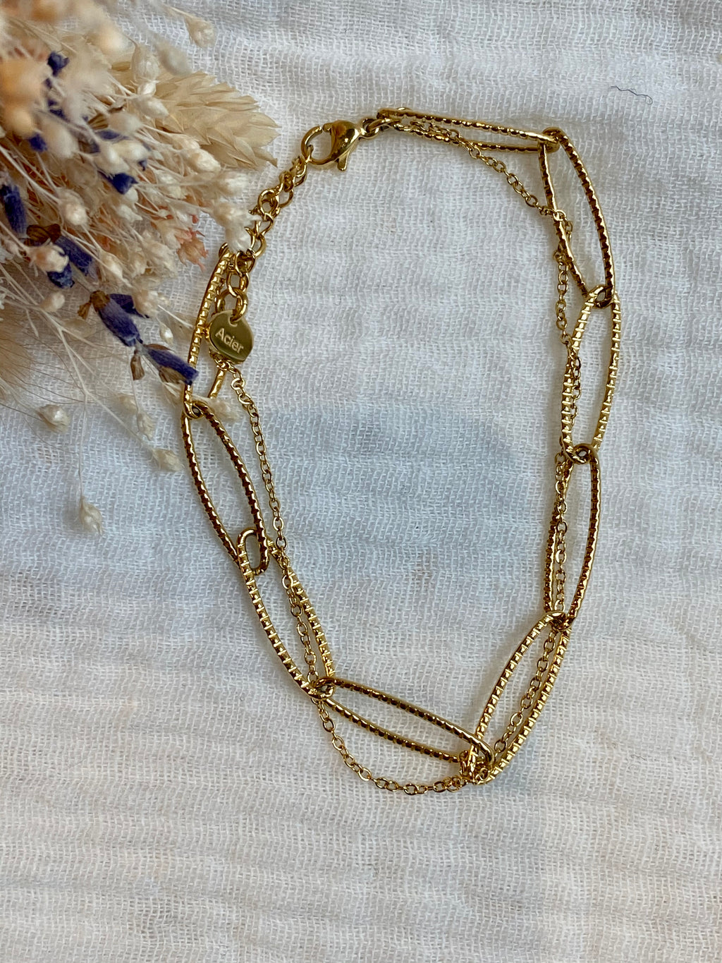 Bracelet, double chaine simple et large, acier doré