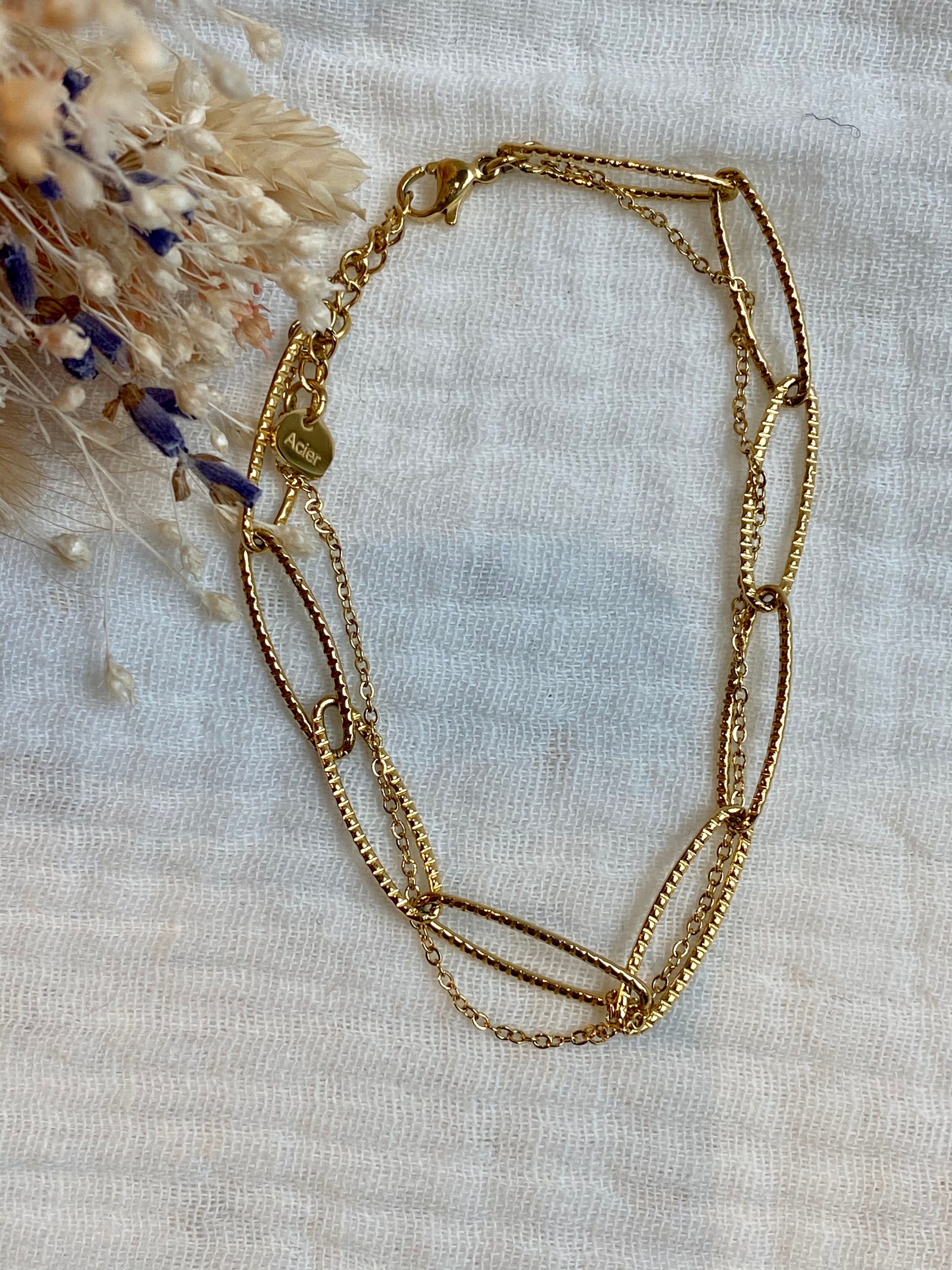 Bracelet, double chaine simple et large, acier doré