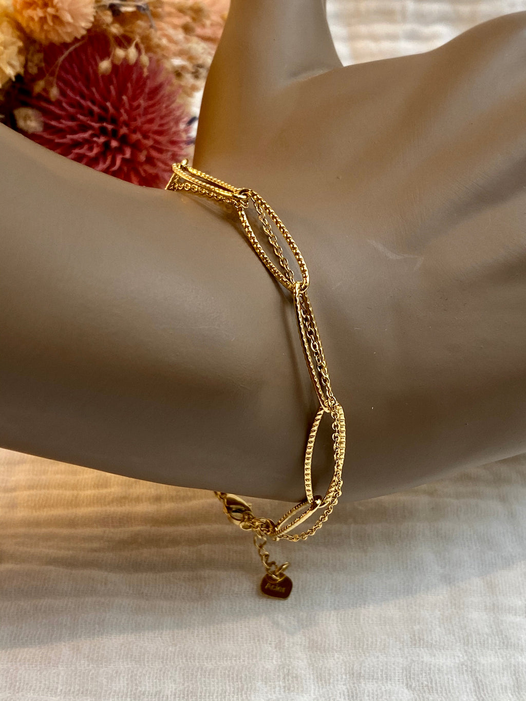 Bracelet, double chaine simple et large, acier doré