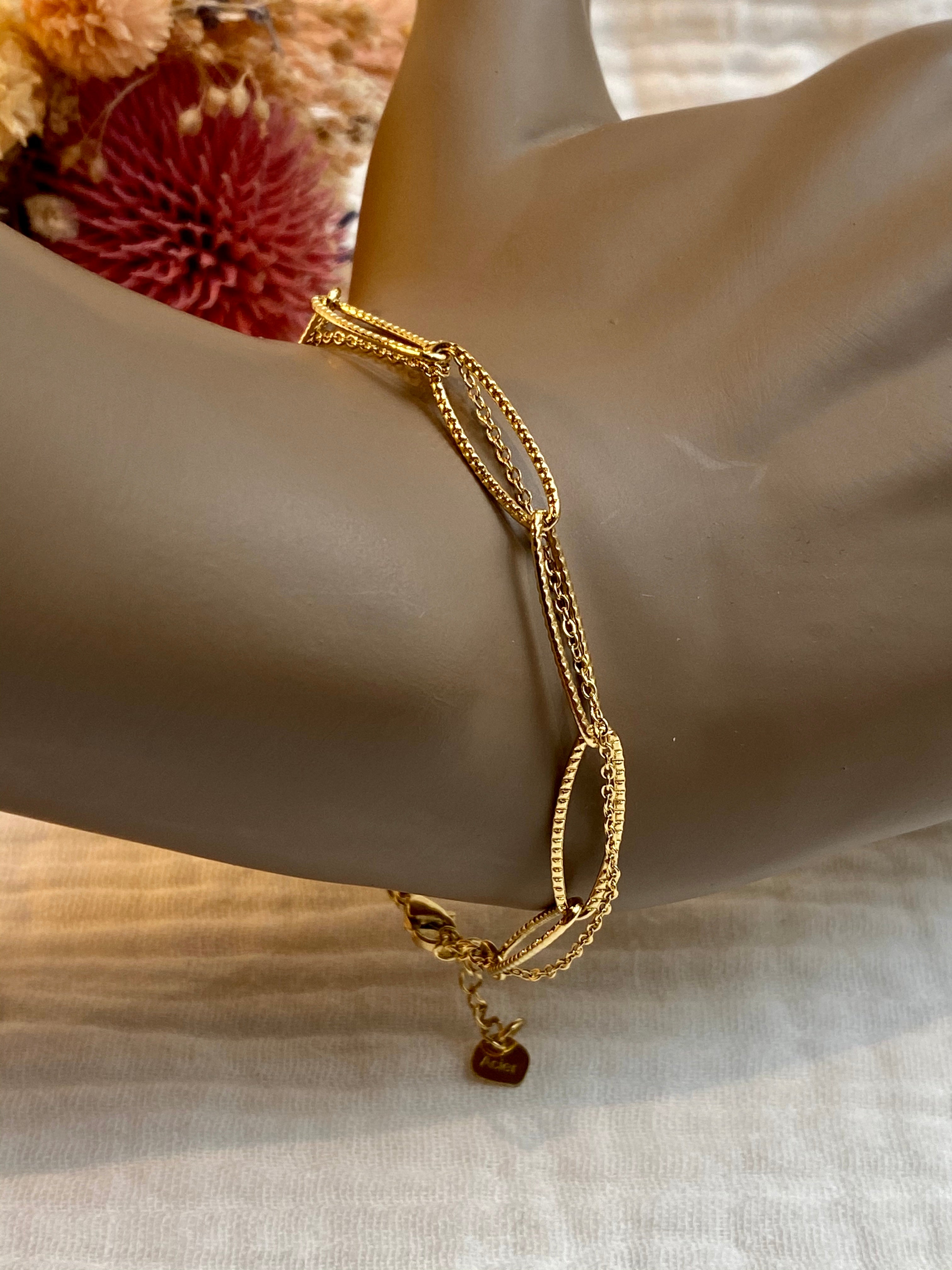 Bracelet, double chaine simple et large, acier doré
