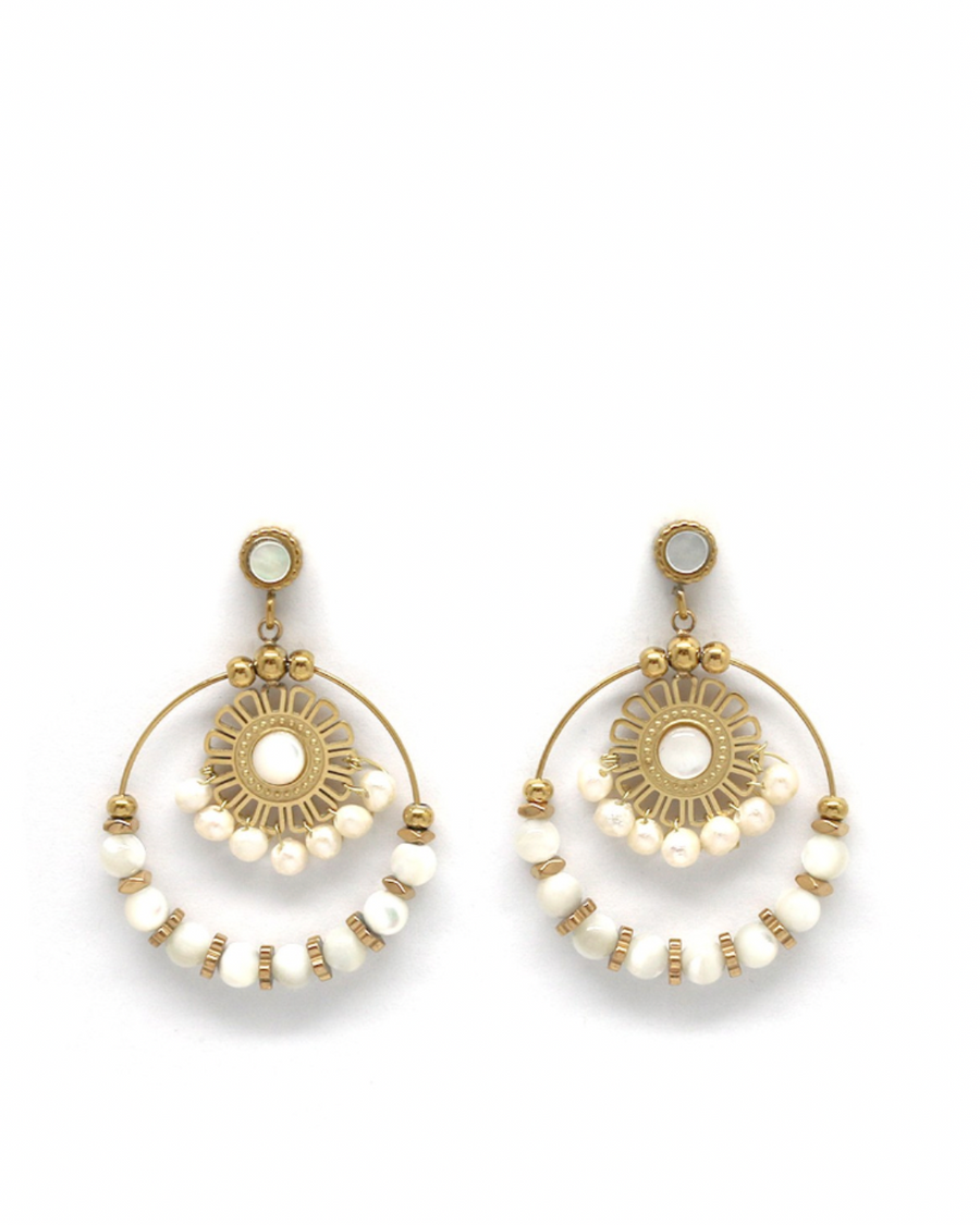 Boucles d'oreilles rosaces cercles nacre/perles d'eau