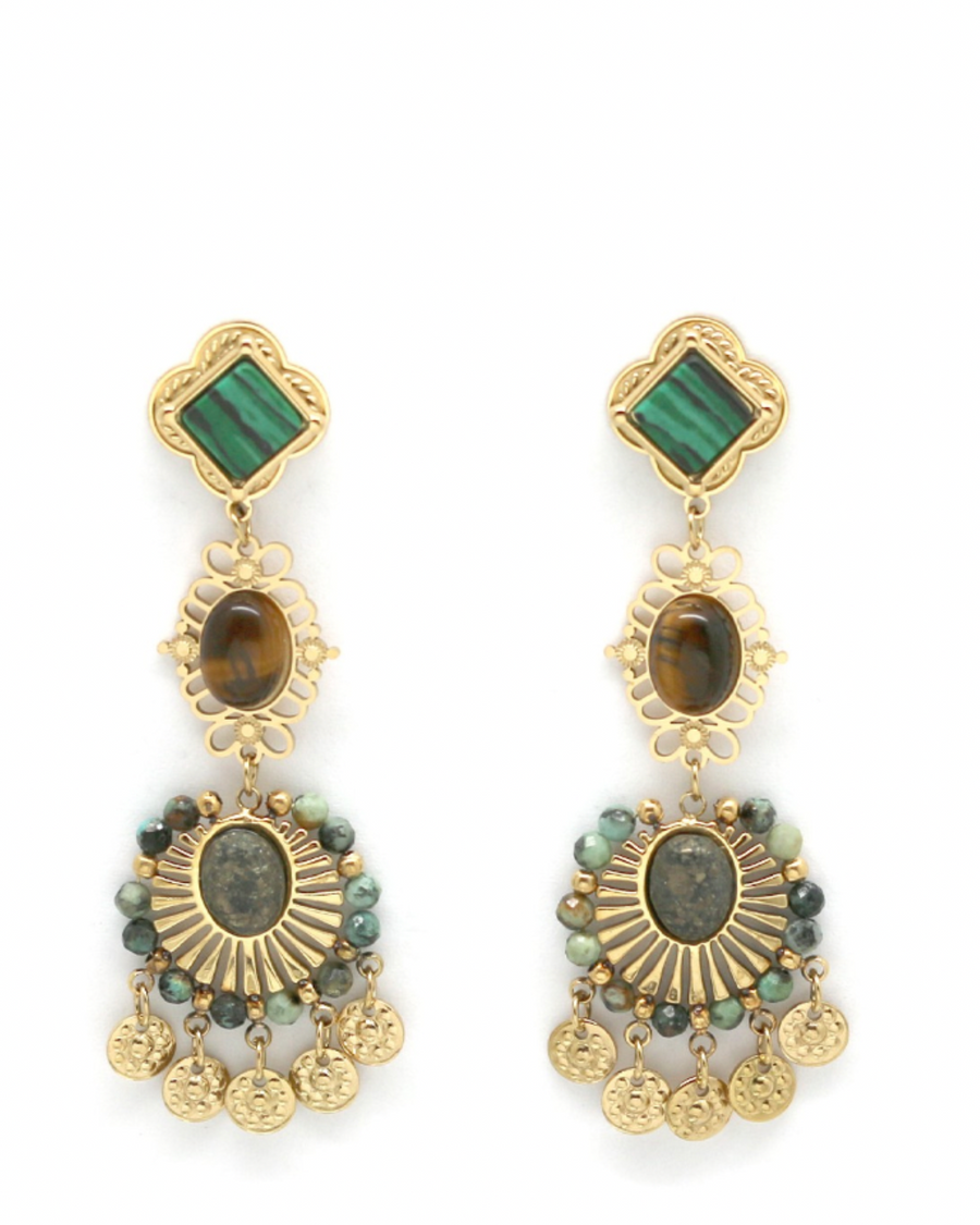 Boucles d'oreilles trèfles pierres multi pampilles