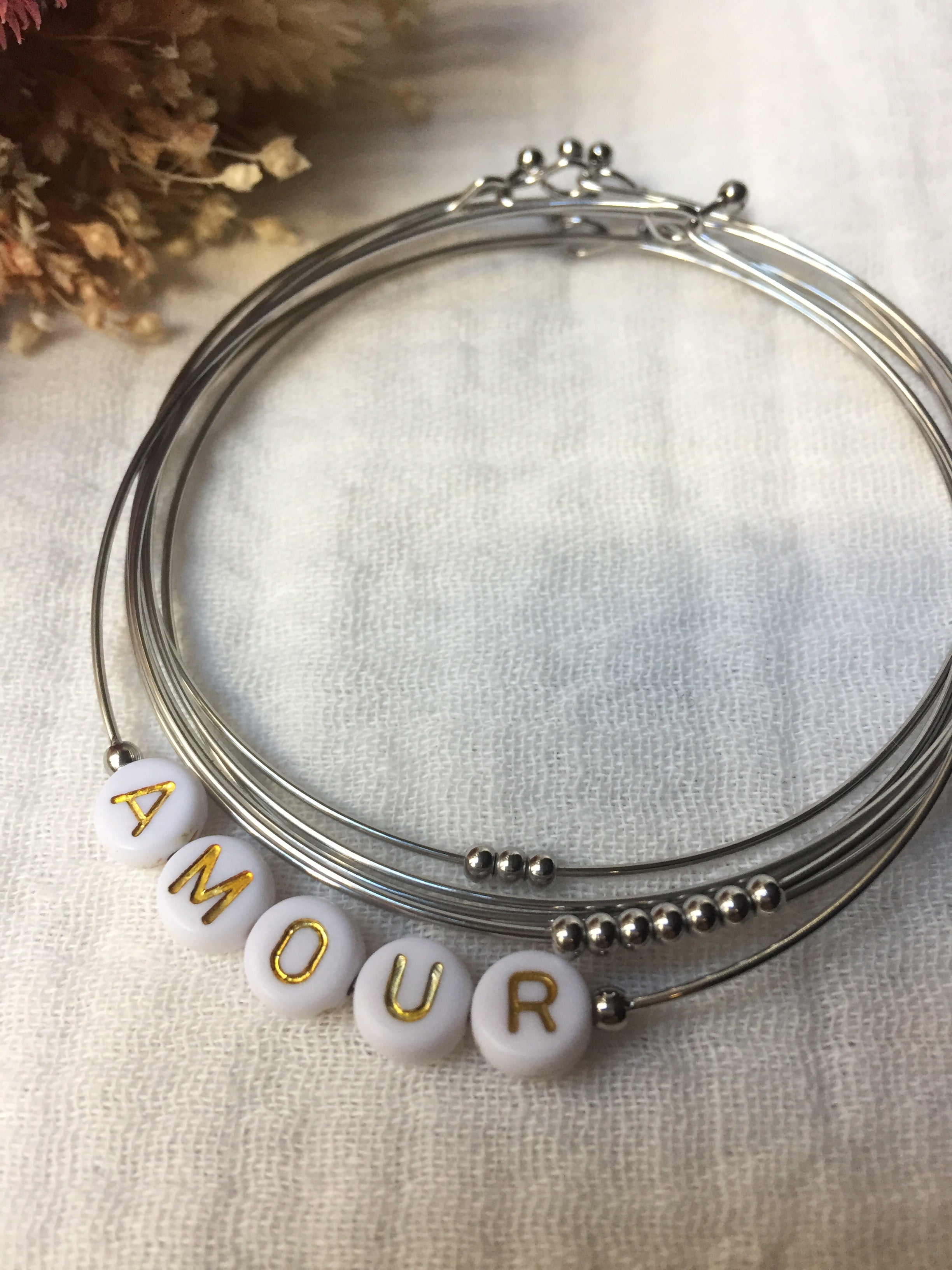 Semainier fin acier argenté (7 bracelets), AMOUR