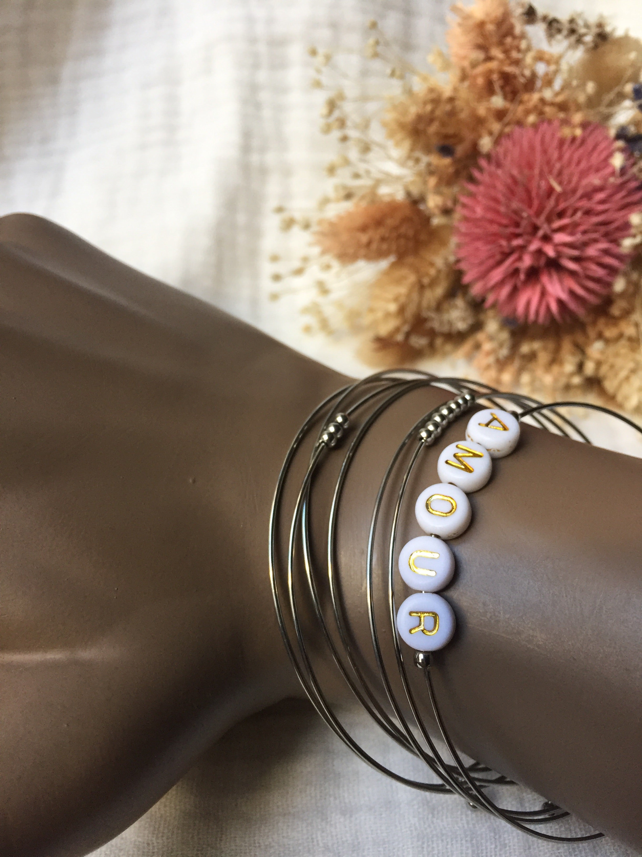 Semainier fin acier argenté (7 bracelets), AMOUR
