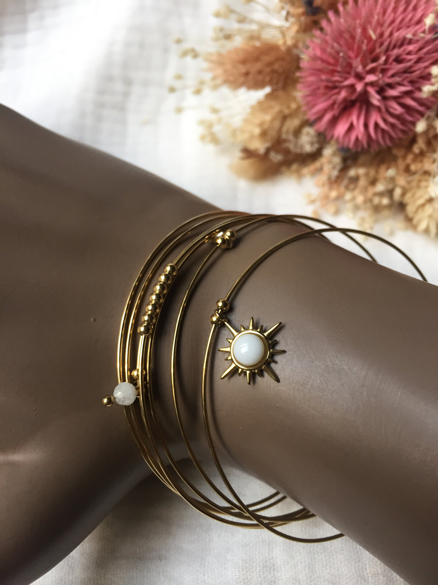 Semainier fin acier doré (7 bracelets), soleil et pierres